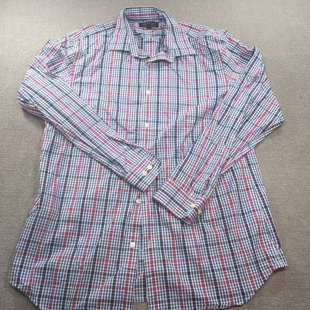 Banana Republic Shirt Mens Large L  Button-Up Black Plaid Standard Fit Blue Pink